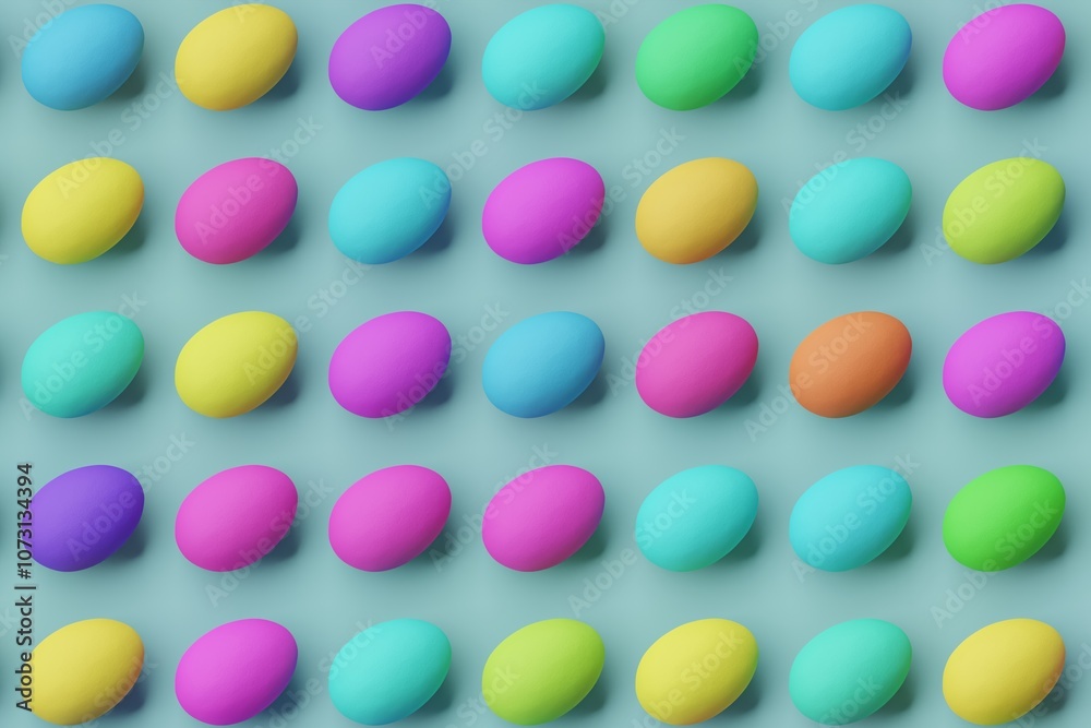 Many colorful eggs on cadet blue background. Top flat view, vertical. 3d render, illustration Many colorful eggs on cadet blue background. Top flat view, vertical. 3d render, illustration