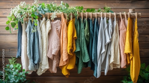 A rustic wooden rack with a variety of colorful linen clothing hanging on it, with greenery accents.