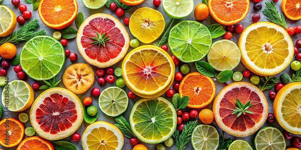Vibrant Double Exposure of Citrus Fruits, Herbs, and Berries in a Flat Lay Texture Background: Lemon, Lime, Orange, Mandarin, and Grapefruit Slices for Culinary Inspiration Vibrant Double Exposure of Citrus Fruits, Herbs, and Berries in a Flat Lay Texture Background: Lemon, Lime, Orange, Mandarin, and Grapefruit Slices for Culinary Inspiration