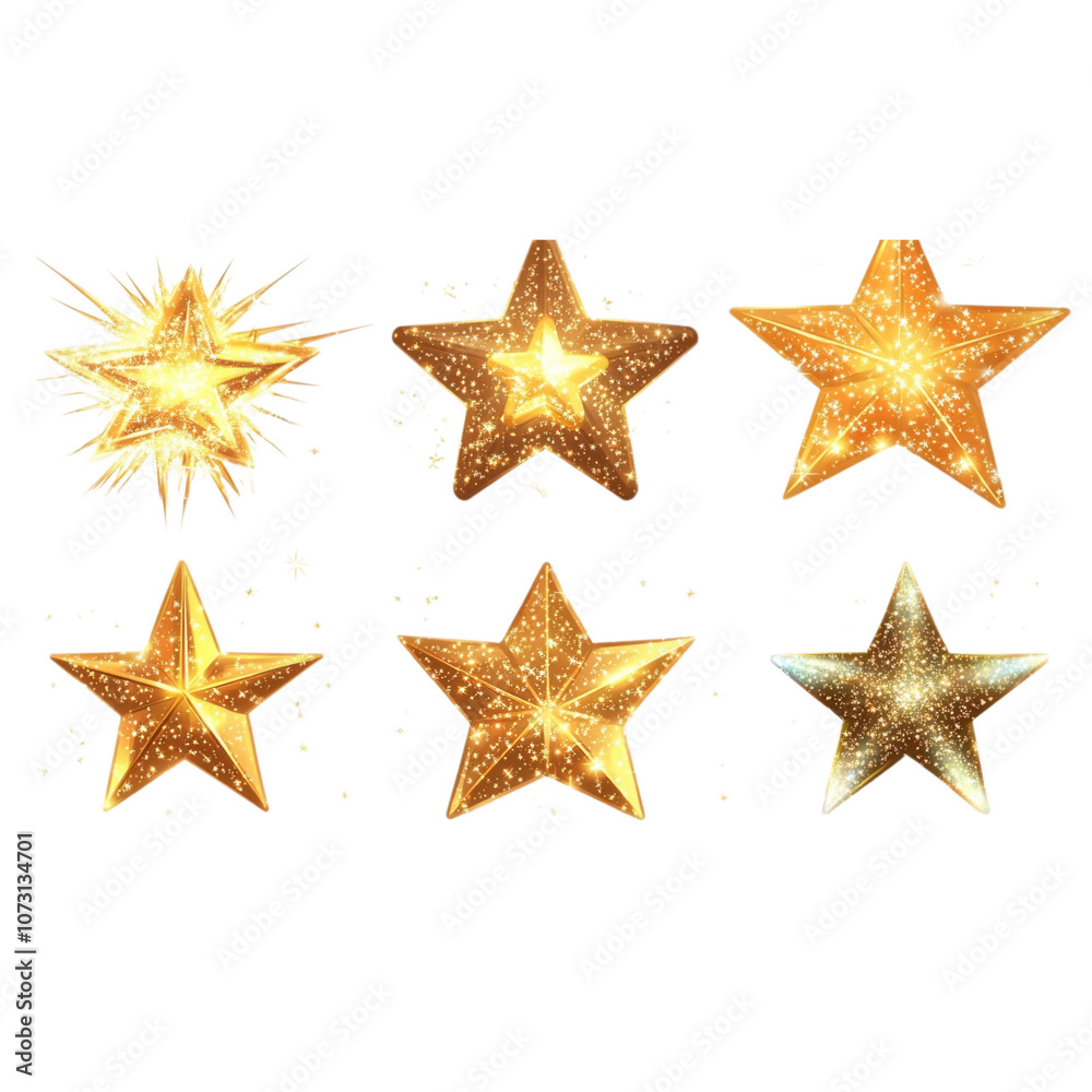Six golden star designs with sparkling effects, suitable for festive themes and decorative contexts. Six golden star designs with sparkling effects, suitable for festive themes and decorative contexts.