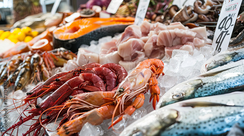 A variety of seafood on the market photo