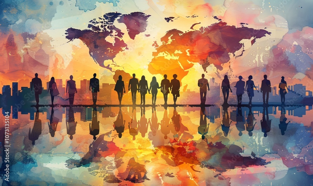 A diverse team of business professionals engages in analysis of carbon footprint elements, showcasing teamwork and data interpretation in a colorful watercolor style A diverse team of business professionals engages in analysis of carbon footprint elements, showcasing teamwork and data interpretation in a colorful watercolor style