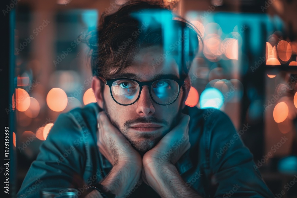 Portrait of a thoughtful young man with glasses leaning on his hands in a cafe, illuminated by warm and cool city lights Portrait of a thoughtful young man with glasses leaning on his hands in a cafe, illuminated by warm and cool city lights