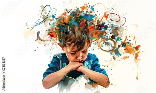 A young child reflects on overwhelming thoughts, depicted through vibrant swirls of color and chaotic imagery, representing ADHD's emotional landscape and challenges