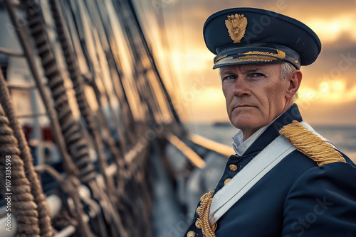 Elderly Caucasian male captain in a naval uniform stands confidently on a ship deck at sunset, showcasing leadership and determination during a sea journey. photo