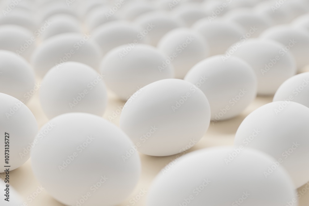 Many white eggs on bisque background. Closeup view, macro shot, selective focuscloseup shot. 3d render, illustration Many white eggs on bisque background. Closeup view, macro shot, selective focuscloseup shot. 3d render, illustration