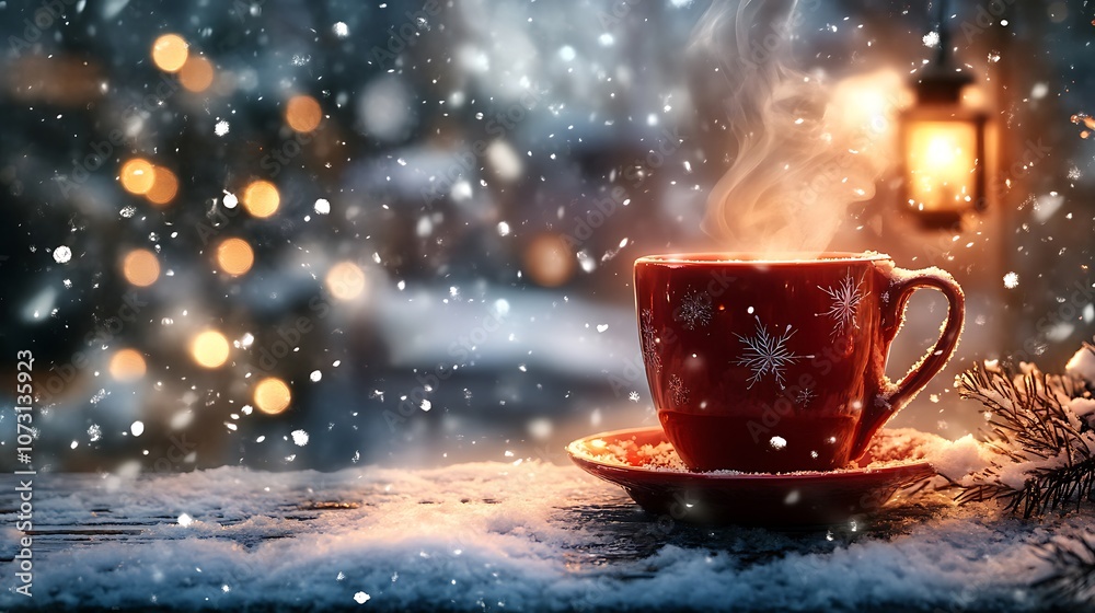 Fototapeta premium A steaming mug of hot beverage on a snowy table with twinkling lights in the background