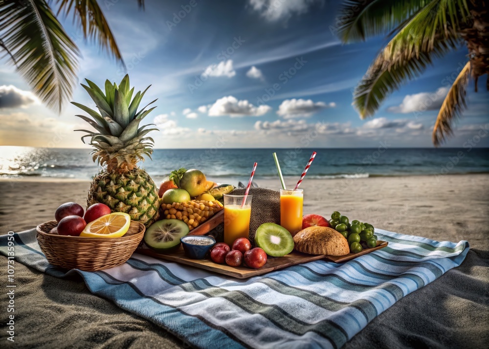 Vibrant Summer Food Spread on Beach with Colorful Bikini-Style Presentation of Fresh Fruits and Refreshing Drinks for a Tropical Vibe Vibrant Summer Food Spread on Beach with Colorful Bikini-Style Presentation of Fresh Fruits and Refreshing Drinks for a Tropical Vibe