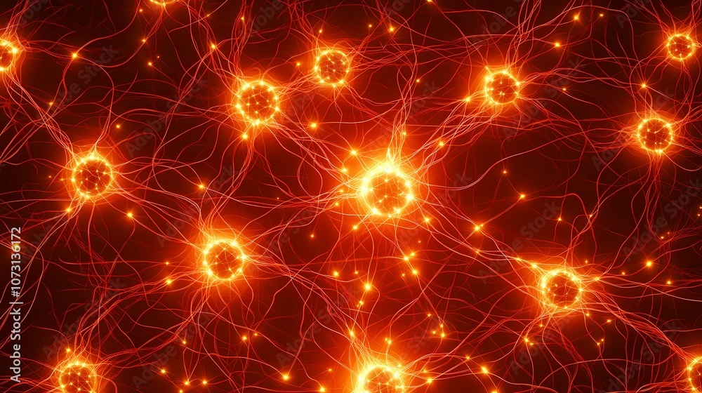 Intricate neural pathways depicted in an abstract pattern with connecting nodes, representing data flow and interconnectedness, perfect for tech visuals