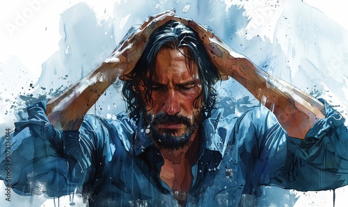 A man with a troubled expression holds his head in distress, surrounded by soft watercolor hues. The artwork captures a moment of deep reflection and emotional turmoil, evoking a sense of empathy