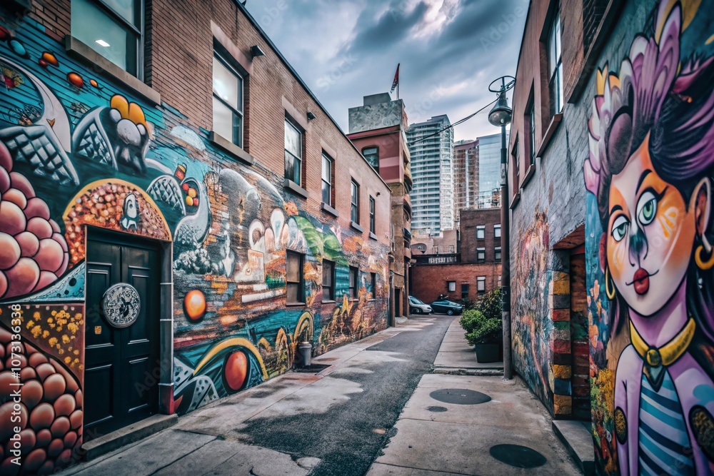 Fototapeta premium Vibrant Urban Exploration Scenes Featuring Colorful Street Art and Cheerful Murals for Creative Coloring Activities and Joyful Artistic Expression