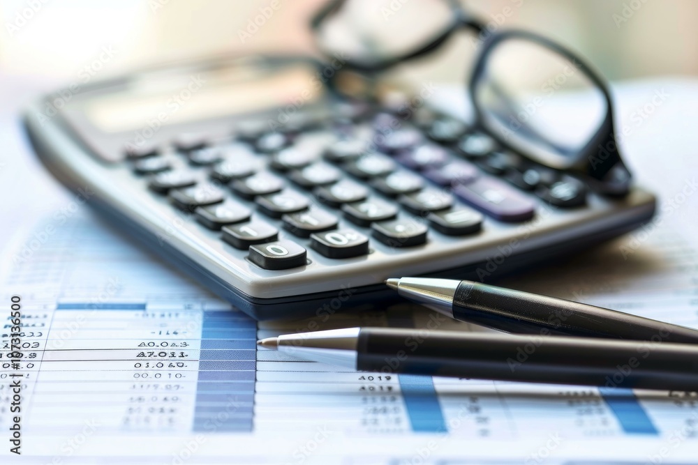 Financial accounting concept with accountant calculating financial data using calculator with eyeglasses and pen on spreadsheet Financial accounting concept with accountant calculating financial data using calculator with eyeglasses and pen on spreadsheet