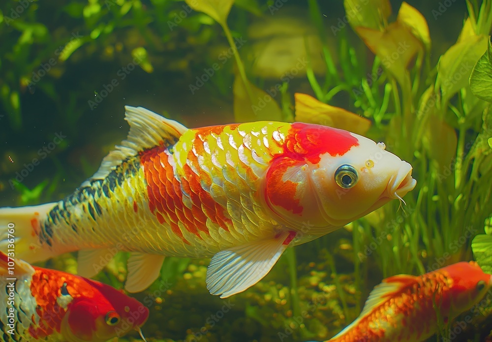 A close-up of koi fish in an ornamental pond, their vibrant colors and patterns creating a mesmerizing display. 