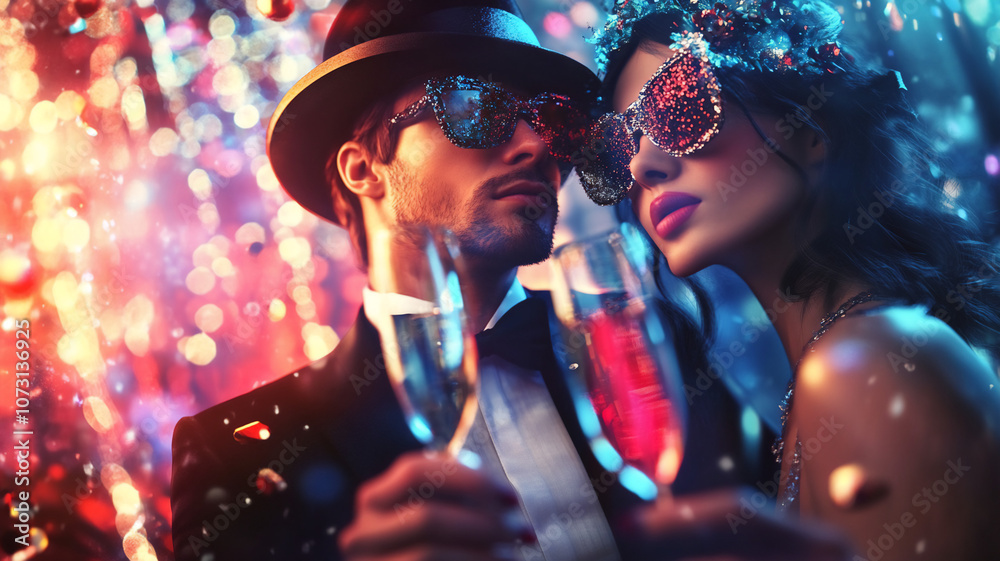 Couple dressed up for a celebration inside enjoying during countdown new year Couple dressed up for a celebration inside enjoying during countdown new year