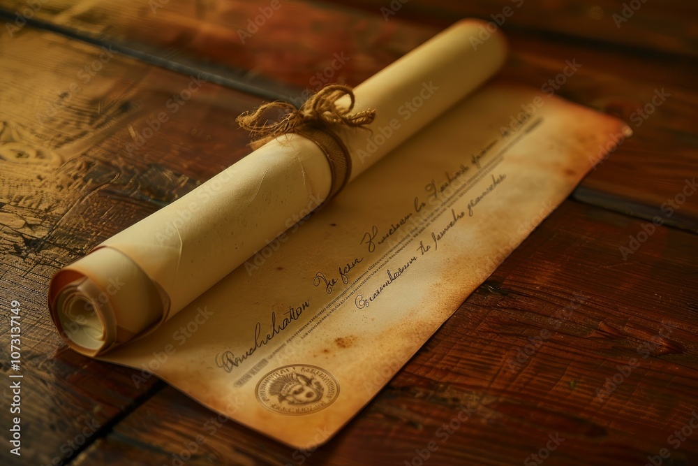 Ancient scroll tied with twine resting on a rustic wooden table, evoking a sense of history and mystery Ancient scroll tied with twine resting on a rustic wooden table, evoking a sense of history and mystery