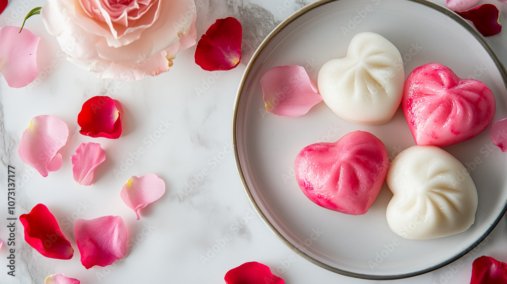 Valentine’s Day Gourmet Delight: Heart-Shaped Bao Buns with Rose Petals on Elegant Table Setting Valentine’s Day Gourmet Delight: Heart-Shaped Bao Buns with Rose Petals on Elegant Table Setting