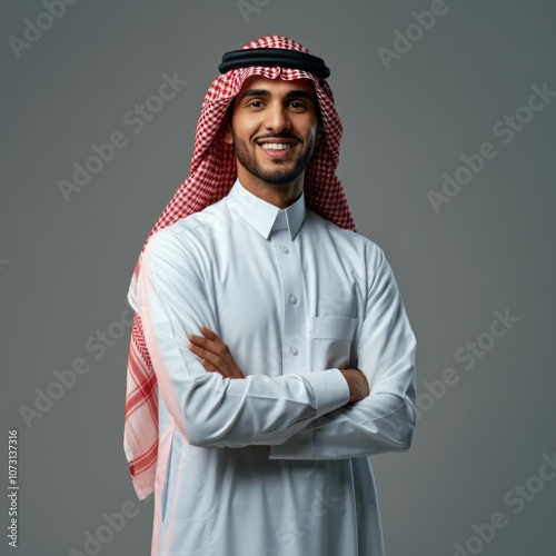 Portrait of a smiling arabian businessman with arms crossed on grey background
