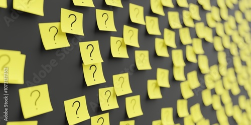 Many yellow stickers on black board background with question mark symbol drawn on them. Closeup view with narrow depth of field and selective focus. 3d render, Illustration