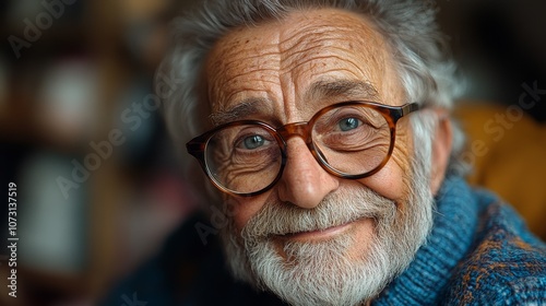 Smiling elderly man with glasses enjoying his time indoors