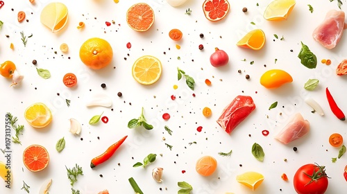 A Scattered Arrangement of Fresh Ingredients on a White Background