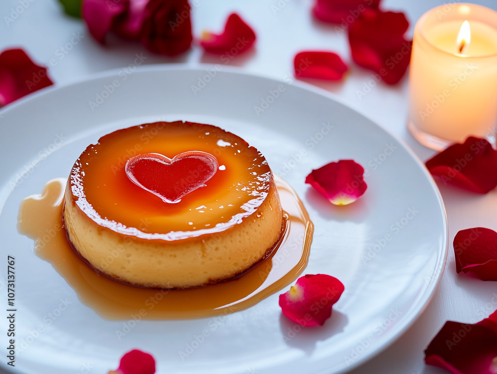 Decadent Caramel Flan with Heart-Shaped Garnish for Valentine’s Day - Romantic Dessert Presentation with Candlelight and Rose Petals Decadent Caramel Flan with Heart-Shaped Garnish for Valentine’s Day - Romantic Dessert Presentation with Candlelight and Rose Petals