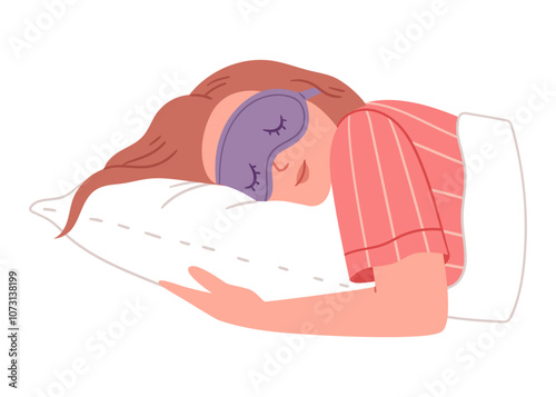 The girl in a sleep mask wants to sleep. Don't want to get up from bed in the morning. Simple Hand drew illustration.Minimalistic elegant concept.