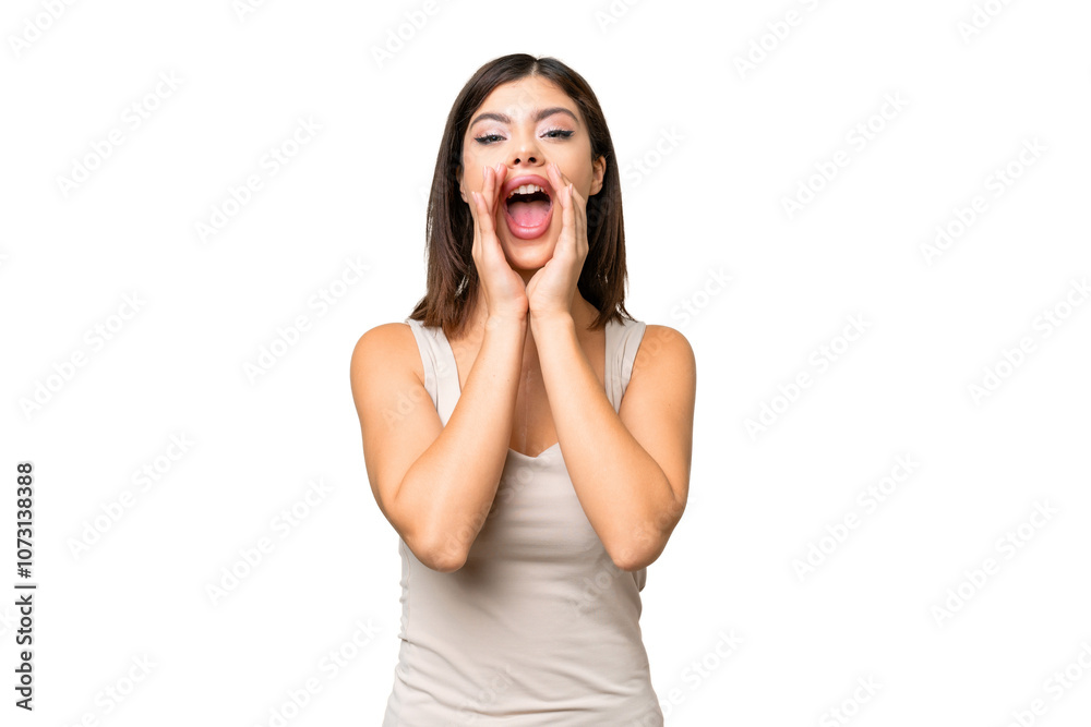 Young Russian woman over isolated chroma key background shouting and announcing something Young Russian woman over isolated chroma key background shouting and announcing something