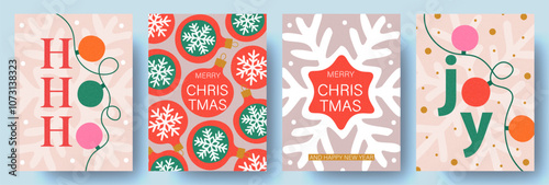 Set of Christmas cards. Modern design with Christmas garland, balls and greetings. Trendy hand drawn illustration for season banner, poster, cover. Vector illustration.