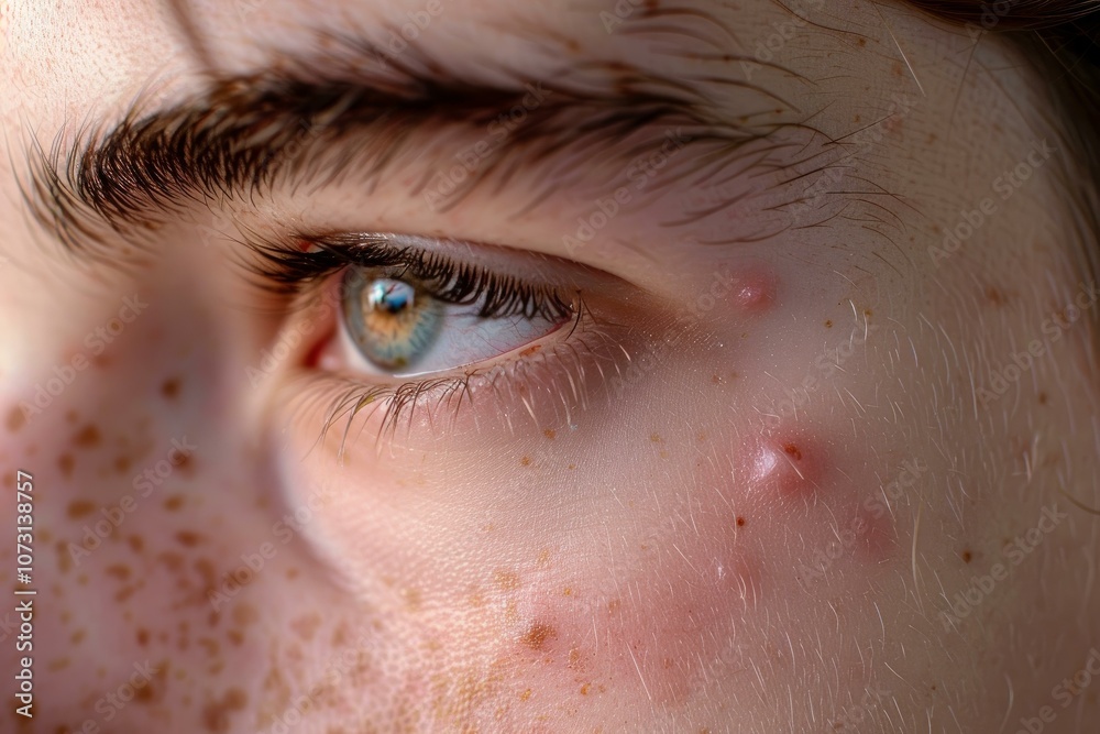 Fototapeta premium Close up of a teenage boy with acne, showing the effects of hormonal changes on skin health