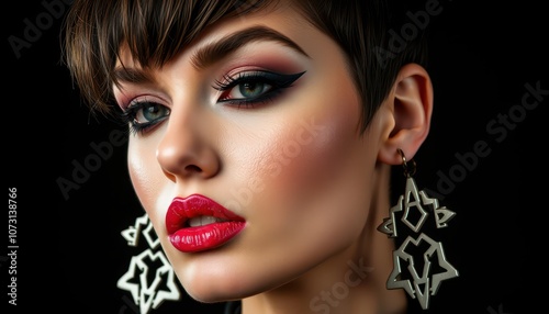 Striking Beauty Portrait with Dramatic Makeup and Statement Earrings 