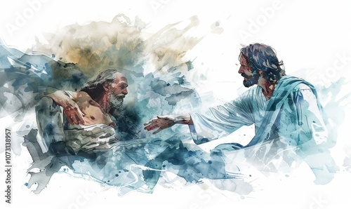 In a captivating watercolor depiction, Jesus reaches out to an old man, epitomizing the miraculous healing and resurrection themes central to biblical teachings and the essence of grace