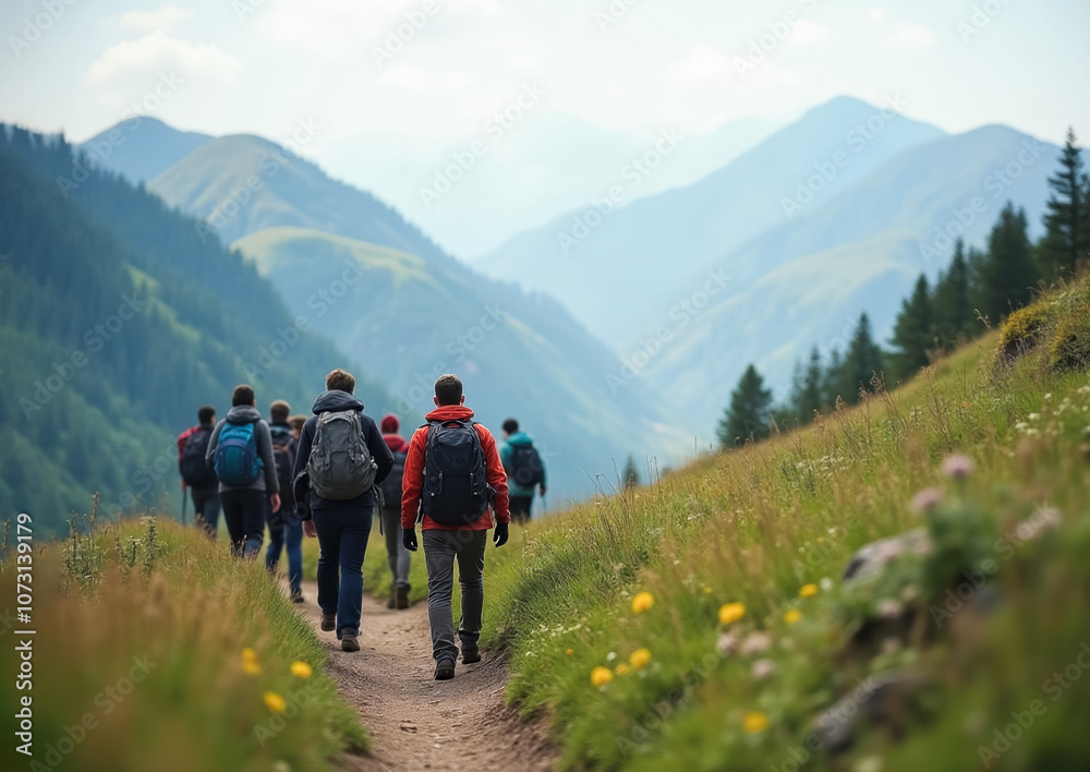 Group hiking in scenic mountain valley with green hills and cloudy sky Group hiking in scenic mountain valley with green hills and cloudy sky