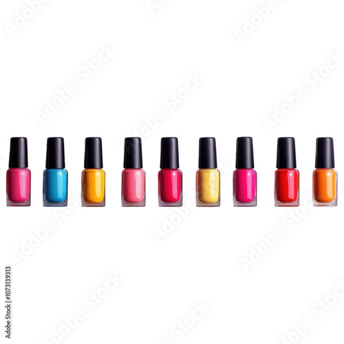 A vibrant row of nail polish bottles in various colors showcases a spectrum of beauty and style, perfect for adding flair to manicures.