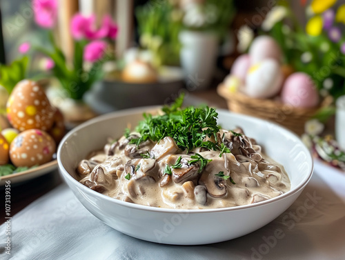 Traditional Beef Stroganoff with Mushrooms and Creamy Sauce, Served in a White Bowl for Easter Celebration - Authentic Russian Cuisine