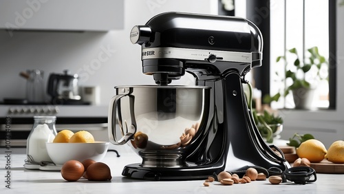 A black and stainless steel mixer is placed on a white background.