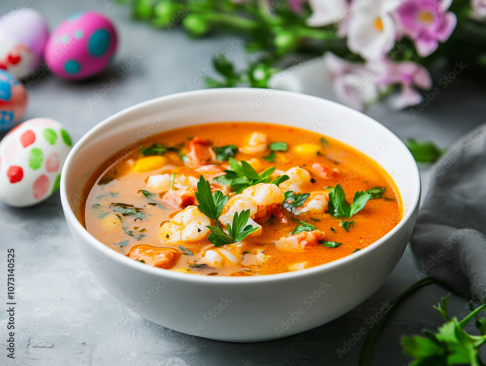 Traditional Easter Bouillabaisse Soup with Seafood, Saffron and Herbs, Festive Spring Holiday Dish with Painted Eggs and Flowers Traditional Easter Bouillabaisse Soup with Seafood, Saffron and Herbs, Festive Spring Holiday Dish with Painted Eggs and Flowers