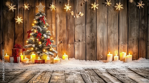 Rustic Christmas background with wooden wall and festive decorations, featuring a handcrafted wooden Christmas tree standing on snow, illuminated by candles, perfect for holiday cards, New Year greeti photo