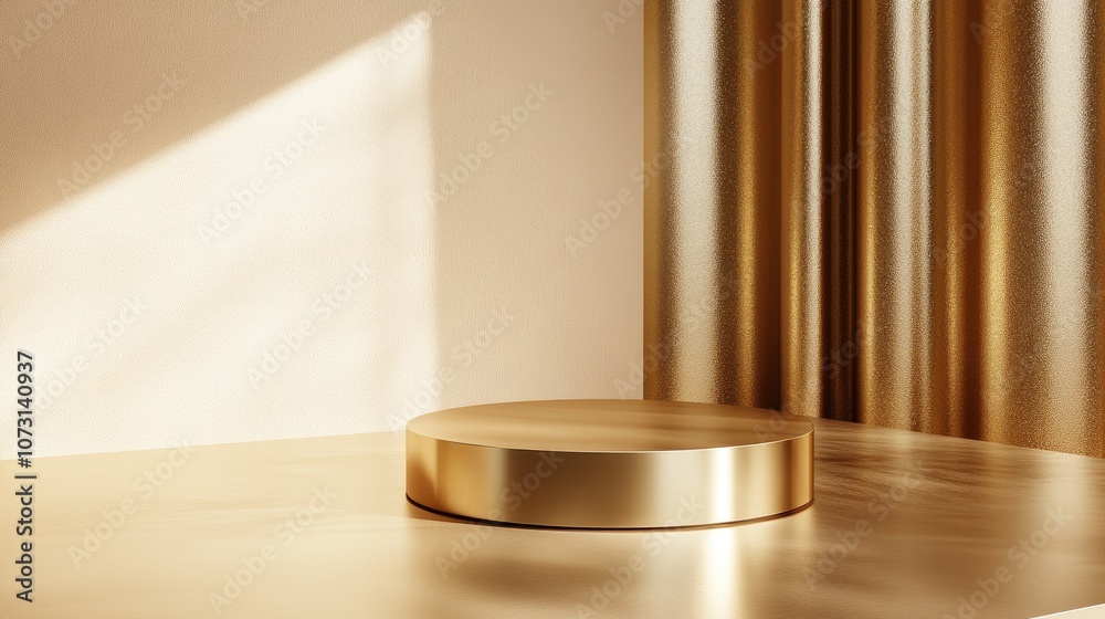 Gold podium on a sleek, reflective surface, with a luxurious golden background perfect for showcasing premium products. Gold podium on a sleek, reflective surface, with a luxurious golden background perfect for showcasing premium products.