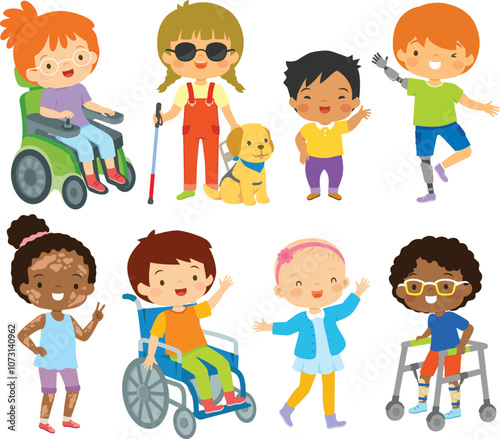 Diverse Kids with Disabilities and Physical Conditions. Inclusivity and Diversity Concept.