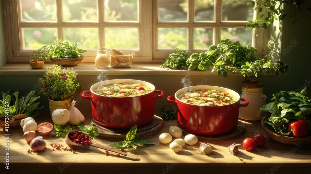 Fresh Ingredients and Steaming Pots in a Cozy Kitchen Setting with Herbs and Vegetables Bathed in Warm Natural Light Fresh Ingredients and Steaming Pots in a Cozy Kitchen Setting with Herbs and Vegetables Bathed in Warm Natural Light