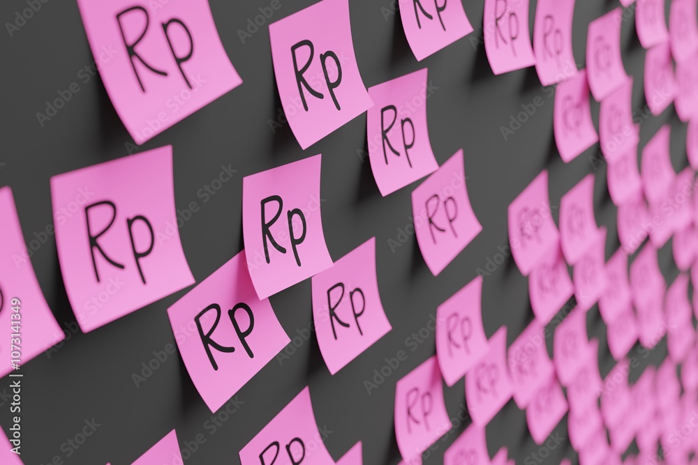 Many pink stickers on black board background with symbol of Indonesia rupia drawn on them. Closeup view with narrow depth of field and selective focus. 3d render, illustration