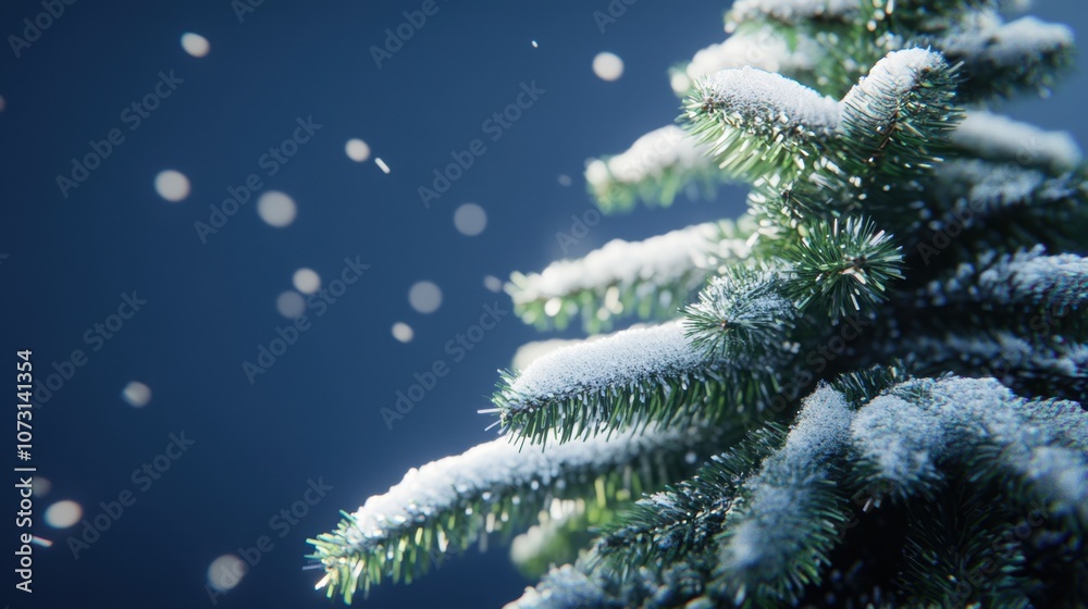 Beautifully Frosted Christmas Tree Branches with Soft Snowflakes Falling Against a Deep Blue Background Creating a Magical Winter Atmosphere Beautifully Frosted Christmas Tree Branches with Soft Snowflakes Falling Against a Deep Blue Background Creating a Magical Winter Atmosphere