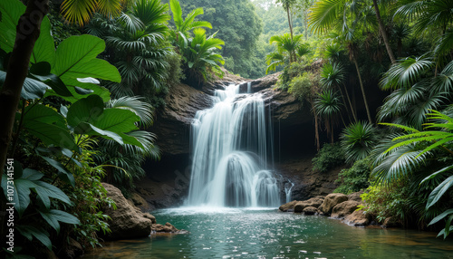 A serene waterfall in a lush forest
