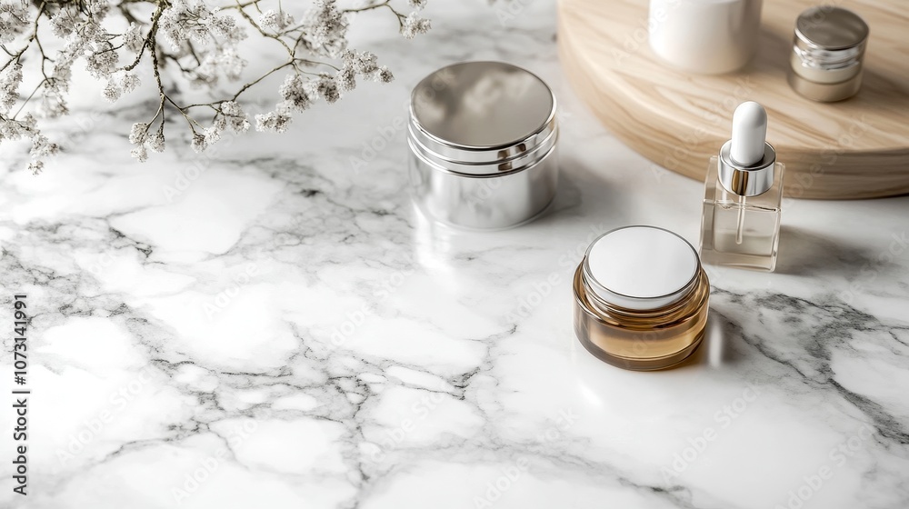 A serene display of skincare products on a marble surface, highlighting beauty and self-care. A serene display of skincare products on a marble surface, highlighting beauty and self-care.