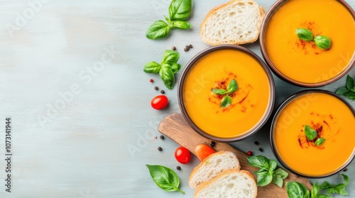 Three bowls of vibrant soup garnished with basil, surrounded by fresh vegetables and slices of bread on a light background.