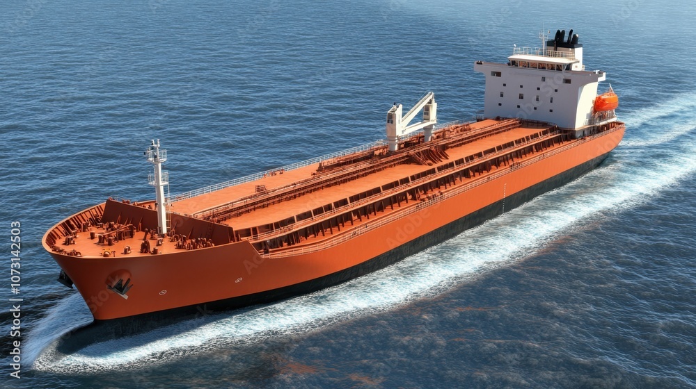 Large Orange Cargo Ship Navigating Calm Ocean Waters with Clear Blue Skies and Gentle Waves on a Sunny Day at Sea Large Orange Cargo Ship Navigating Calm Ocean Waters with Clear Blue Skies and Gentle Waves on a Sunny Day at Sea