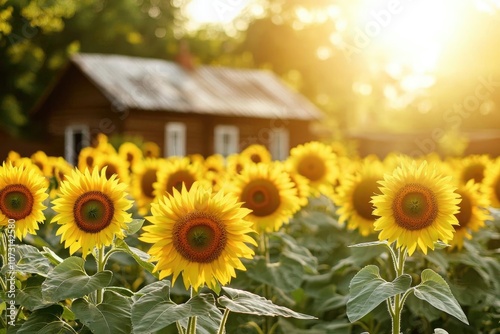 A vibrant field of sunflowers bathed in golden sunlight, set against a rustic farmhouse background, evoking a serene countryside scene. photo