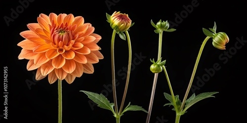 Vintage Style Timelapse of Growing and Opening Orange Dahlia Flower Isolated on Black Background with Alpha Channel for Artistic and Botanical Projects photo