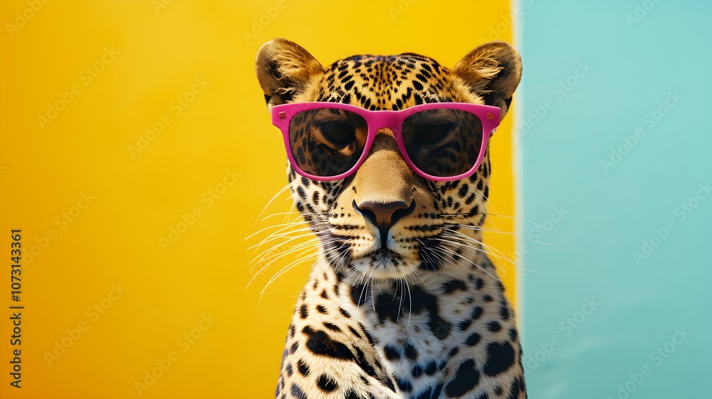 Fototapeta premium Leopard on a mixed colorful background, vector art, digital art, faceted, minimal, abstract, panorama background. 