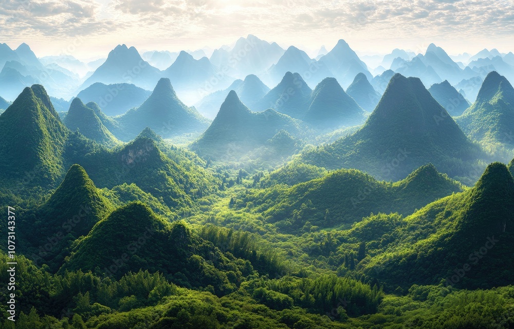 A stunning aerial view of the lush green mountains under a blue sky, with rays of sunlight piercing through the clouds above, creating an enchanting and serene landscape. A stunning aerial view of the lush green mountains under a blue sky, with rays of sunlight piercing through the clouds above, creating an enchanting and serene landscape.